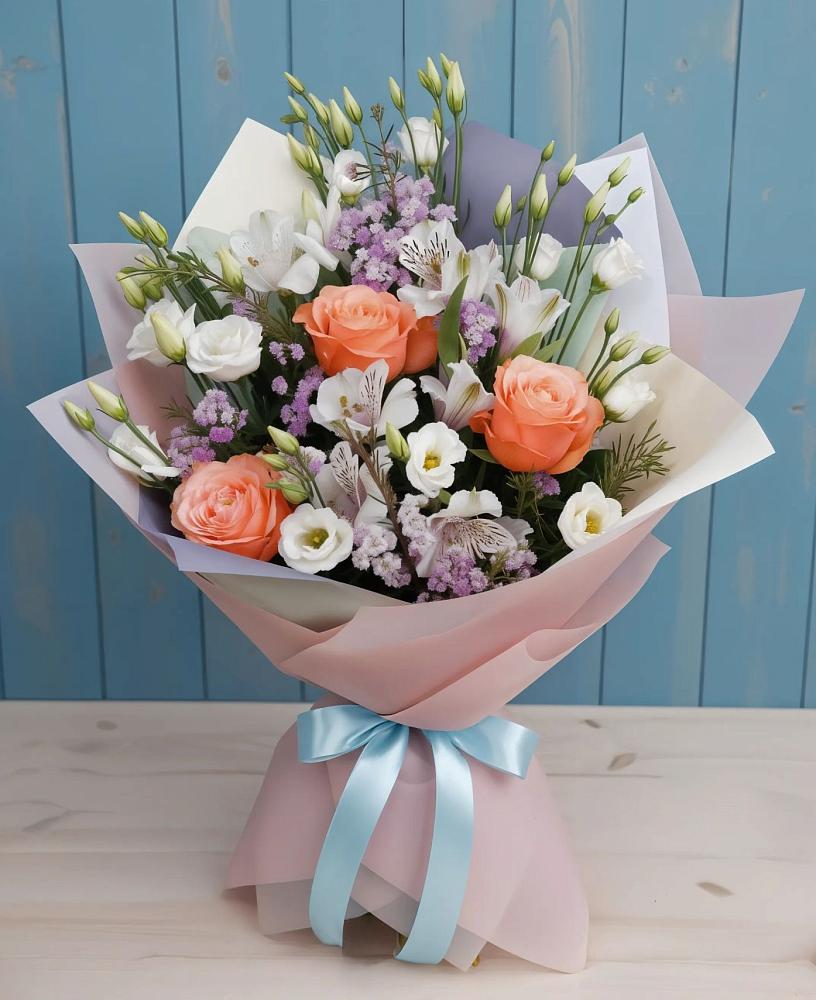 Букет цветов из: Лизиантусы, Розы, Альстромерии и Гипсофила в Новом Хушете