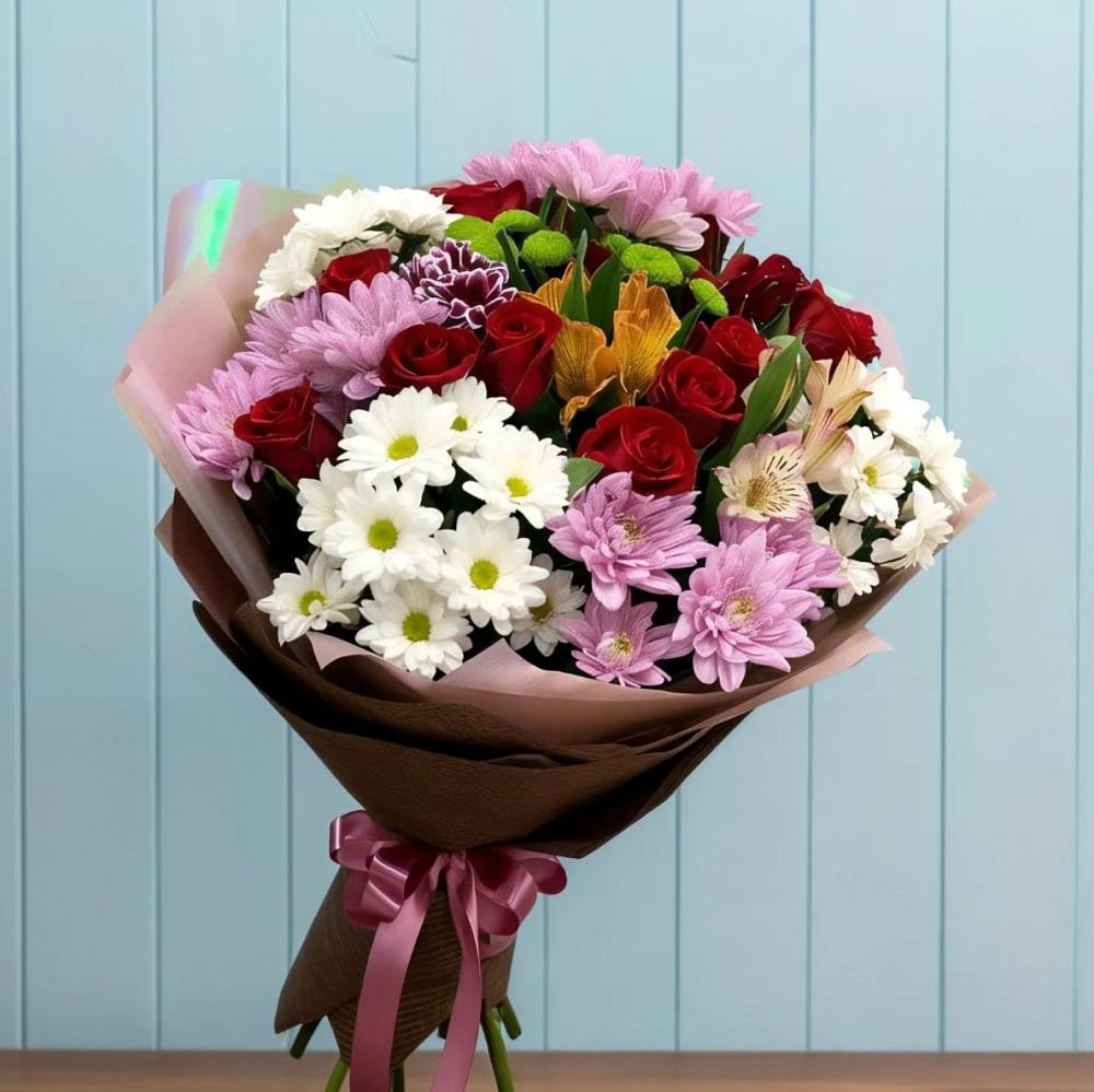 Букет цветов из: Розы, Хризантемы и Альстромерии в Новом Хушете