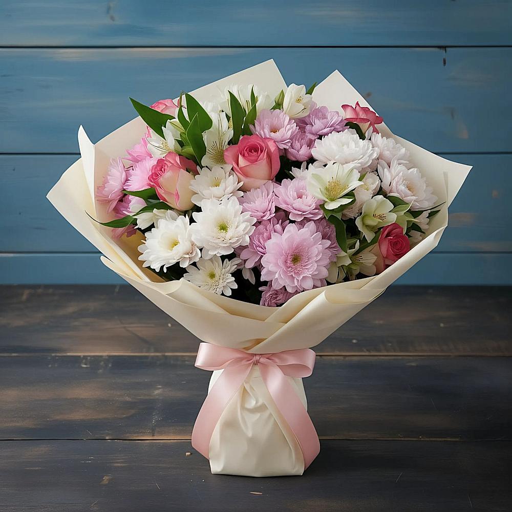 Букет цветов из: Хризантемы, Альстромерии и Розы в Новом Хушете